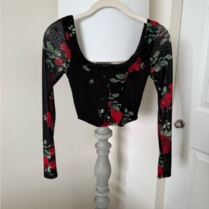 Floral Black and Red Long Sleeve Women's Top